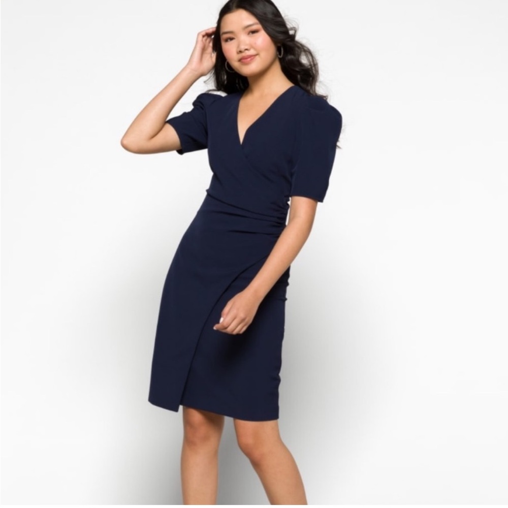 Black Halo Side Ruched Sheath Dress faux wrap navy blue size 4